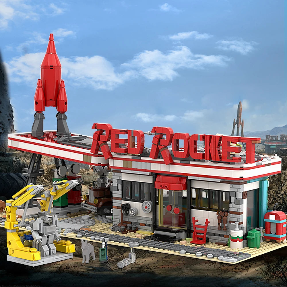 MOC Game The Red Rocket Filling Station Building Blocks Aviation Airplane Location Gas Stop Bricks Toys Children Birthday Gifts