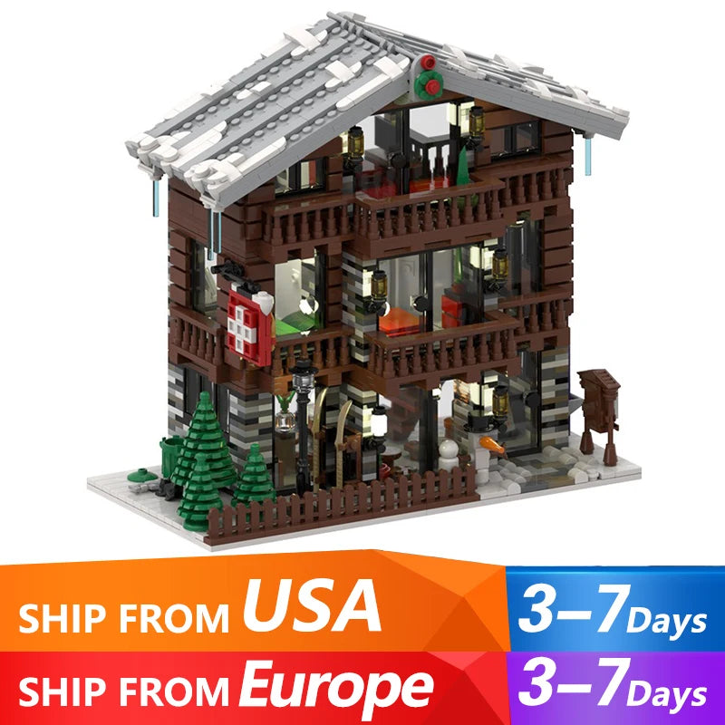 2231PCS MOC Christmas Alpine Lodges Building Blocks Creative Street View Winter Snow House Architecture Model Toys for Kid Gift