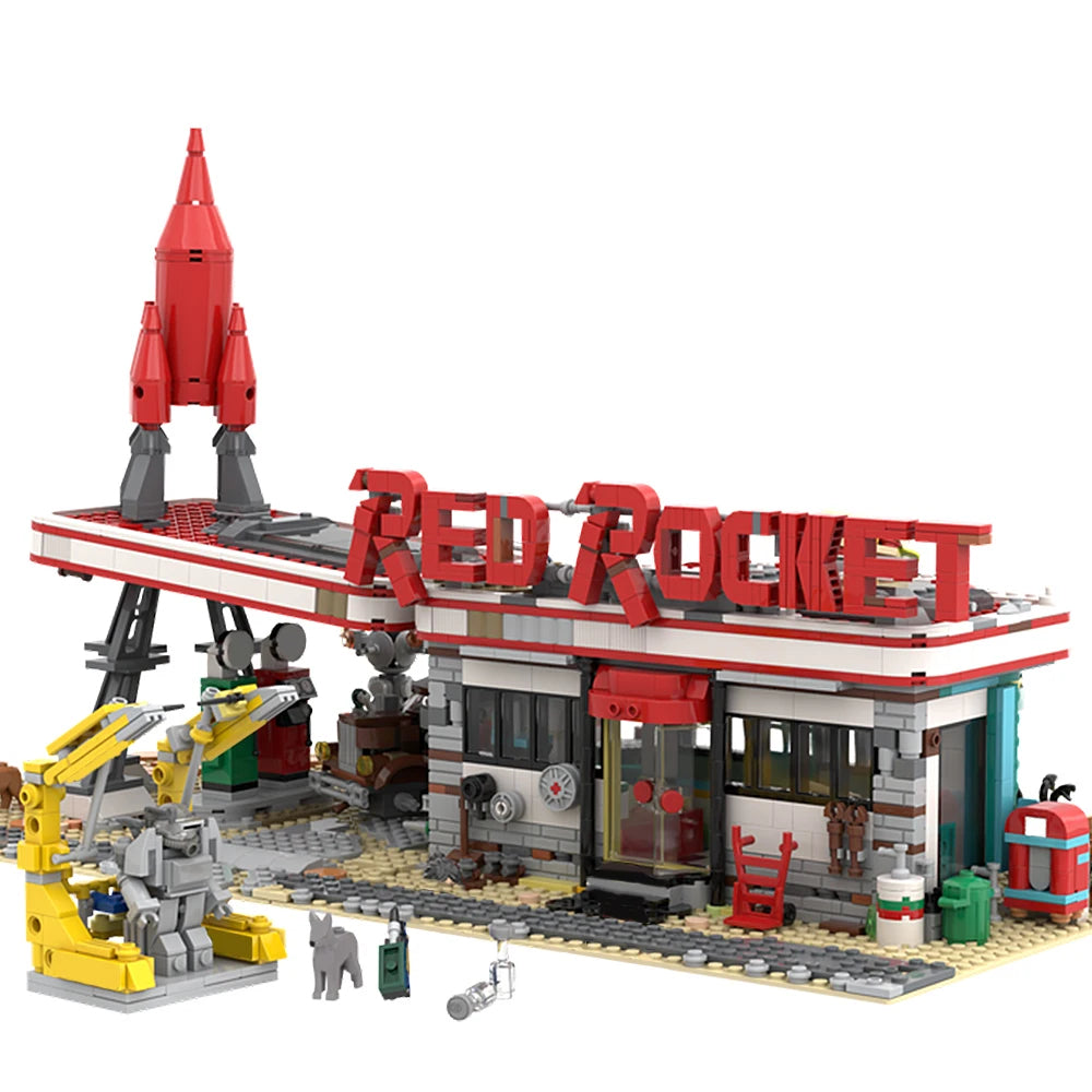 MOC Game The Red Rocket Filling Station Building Blocks Aviation Airplane Location Gas Stop Bricks Toys Children Birthday Gifts