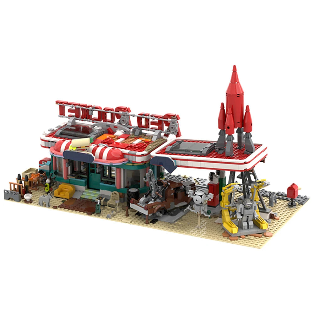 MOC Game The Red Rocket Filling Station Building Blocks Aviation Airplane Location Gas Stop Bricks Toys Children Birthday Gifts