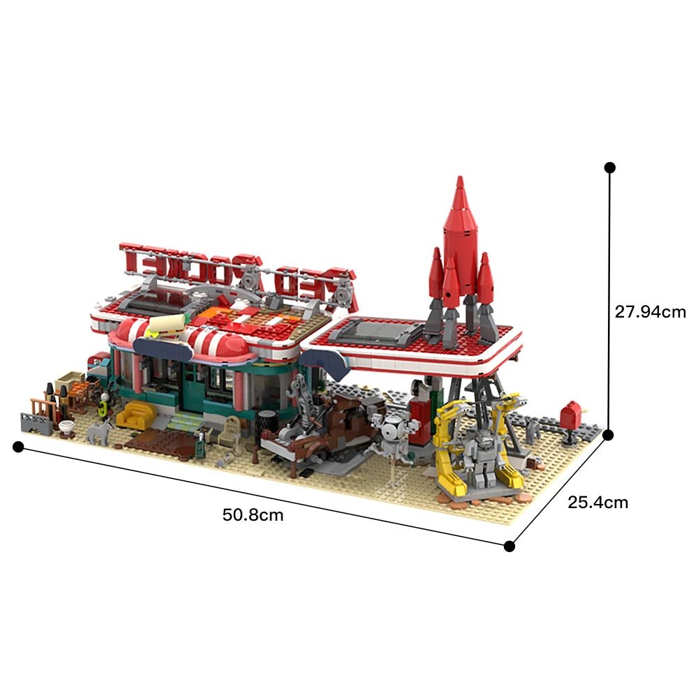 MOC Game The Red Rocket Filling Station Building Blocks Aviation Airplane Location Gas Stop Bricks Toys Children Birthday Gifts